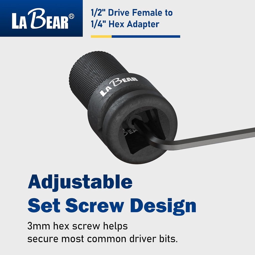 1/2 Inch Drive to 1/4 Inch Hex Impact Adapter | Cr-Mo Steel Body with Quick-Release Collar and 3Mm Adjustable Screw for Steadier Bit Changes