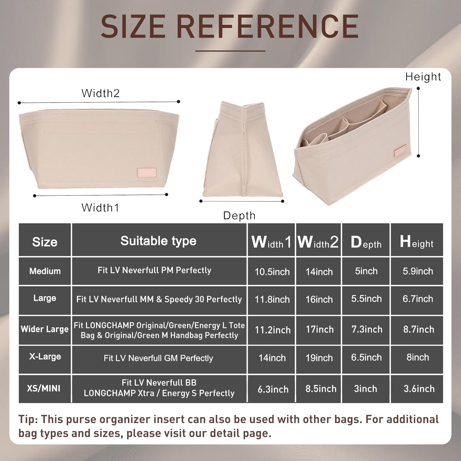 Purse Organizer Insert for Handbags & Base Shaper 2Pc Set, Felt Neverfull MM Organizer Insert, Tote Bag Organizer with Zipper Pocket and Bottle Holder, Fit Speedy 30 Neverfull MM and More,Beige-L