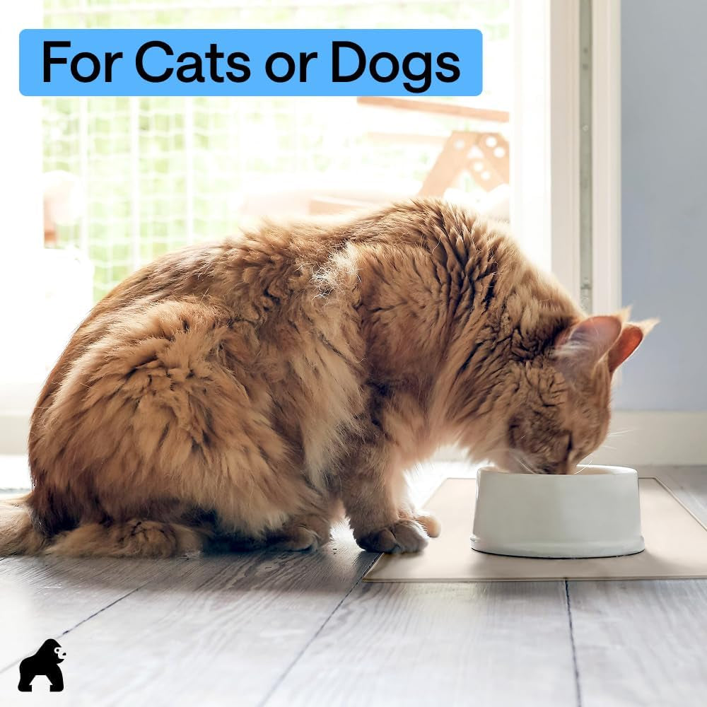 GORILLA GRIP 100% Waterproof Raised Edge BPA Free Silicone Pet Feeding Mat, Dog Cat Food Mats Contain Spills Protects Floors, Placemats for Cats and Dogs Water Bowl, Pets Accessories 18.5X11.5 Beige