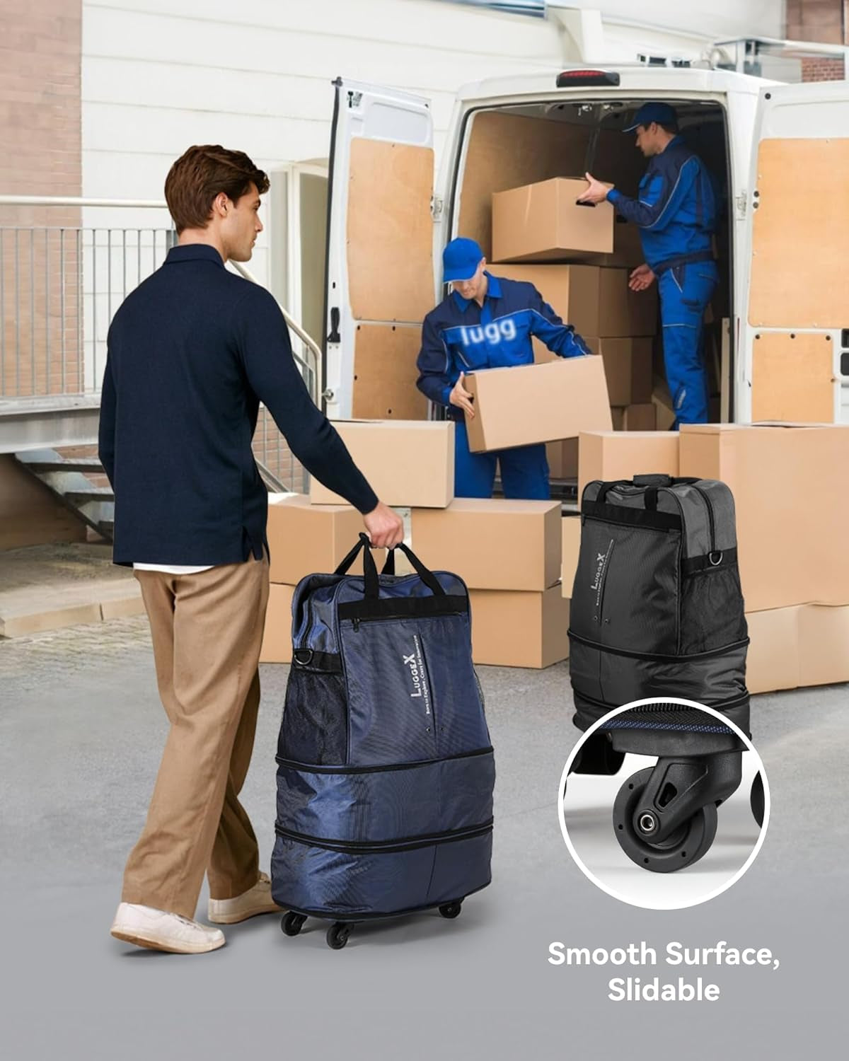 Travel Duffel Bags, Expandable Collapsible Luggage with Spinner Wheels, Lightweight, without Telescopic Handle, Large Capacity Suitcases with Wheel for Men Women (Black, 55L-113L)