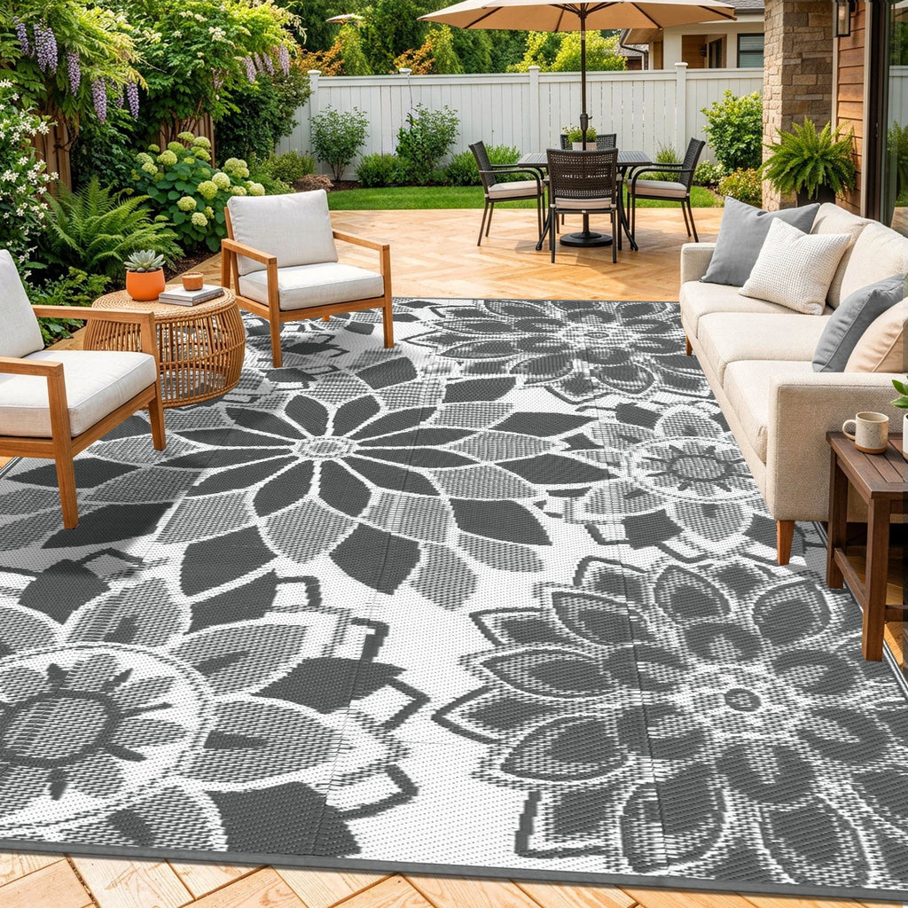 Outdoor Rug 8'X10' Reversible Waterproof Outdoor Patio Rug Mat Plastic Straw Rug Outdoor Area Rug Patio Camping Rug for RV Picnic Balcony Backyard Beach Outdoor Decor,Gray