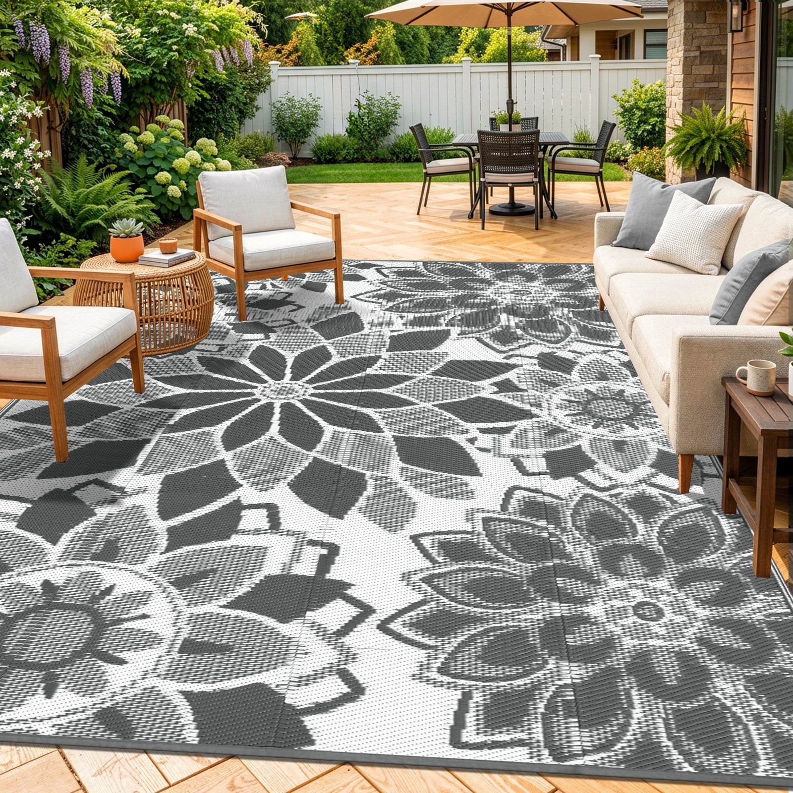 Outdoor Rug 8'X10' Reversible Waterproof Outdoor Patio Rug Mat Plastic Straw Rug Outdoor Area Rug Patio Camping Rug for RV Picnic Balcony Backyard Beach Outdoor Decor,Gray