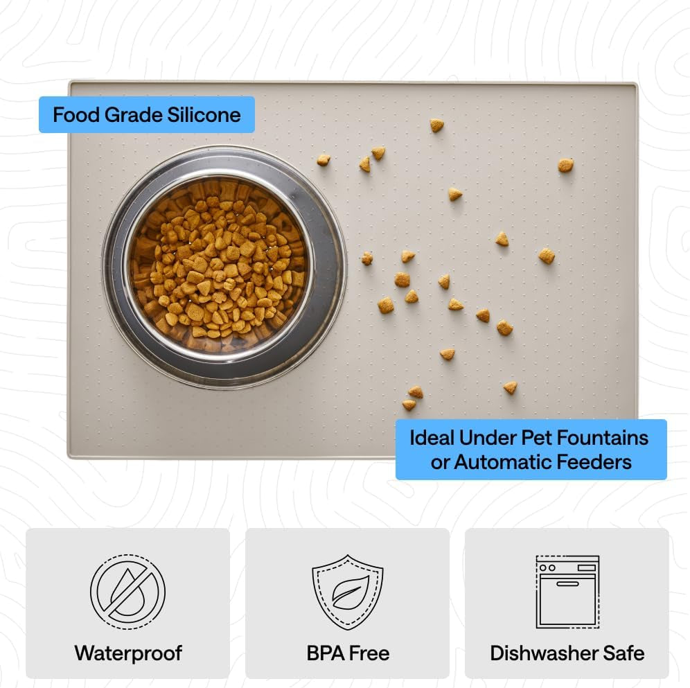 GORILLA GRIP 100% Waterproof Raised Edge BPA Free Silicone Pet Feeding Mat, Dog Cat Food Mats Contain Spills Protects Floors, Placemats for Cats and Dogs Water Bowl, Pets Accessories 18.5X11.5 Beige