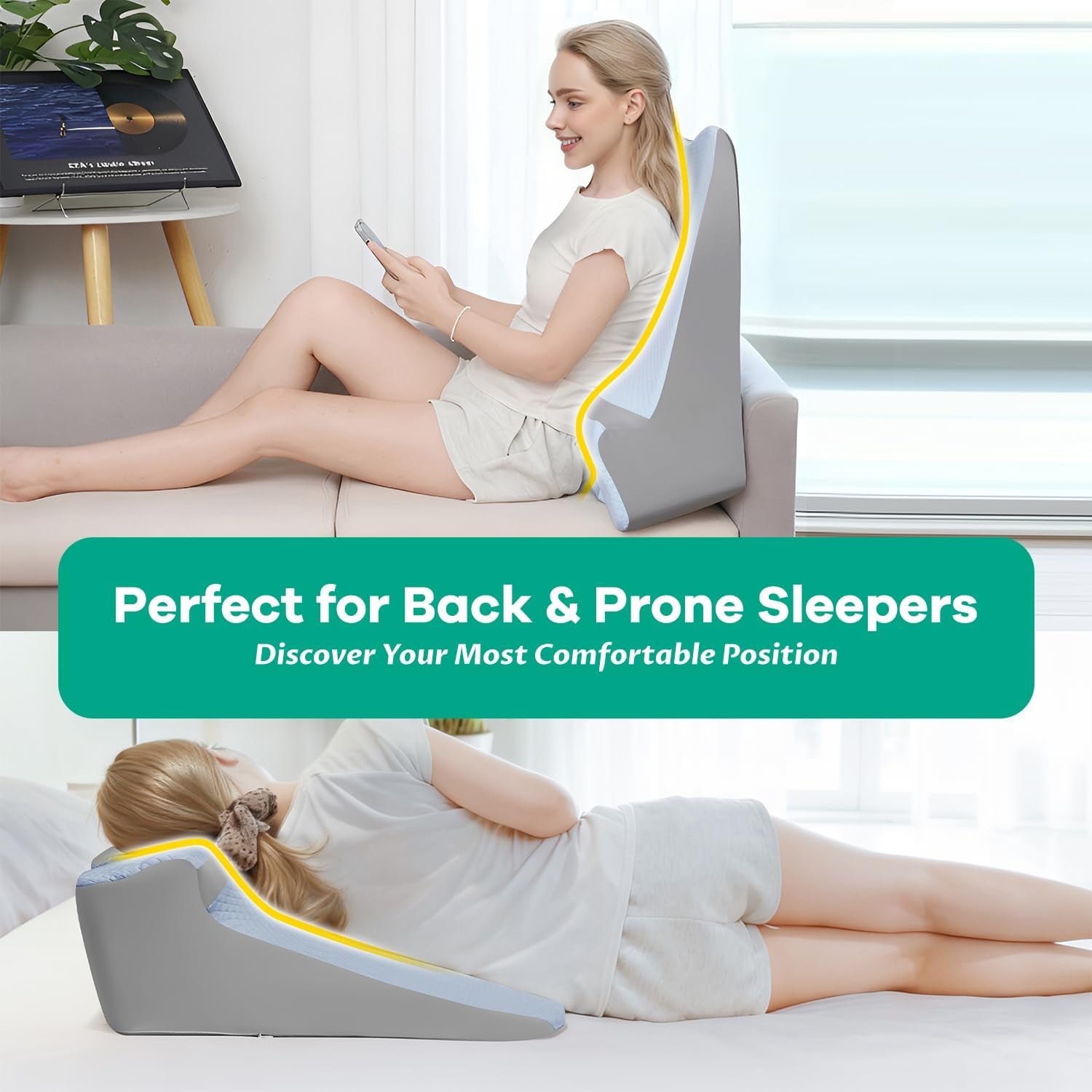 Bed Snorinator Pillow, Ergonomic Wedge Pillow for Sleep Apnea Memory Foam Reading Pillow for Back, Neck & Head Comfortable Support-Blue(Extra Large)