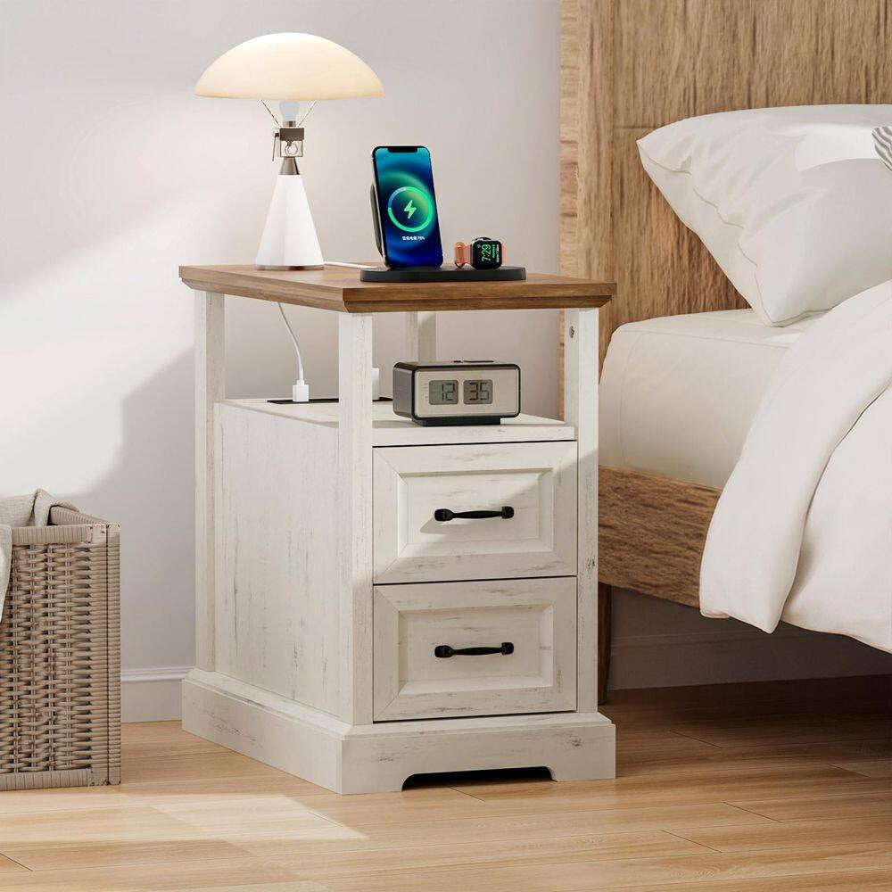 Farmhouse 13.78 In. Rustic White Rectangle Particle Board End Table with Outlets, 2 Drawers and Open Shelf