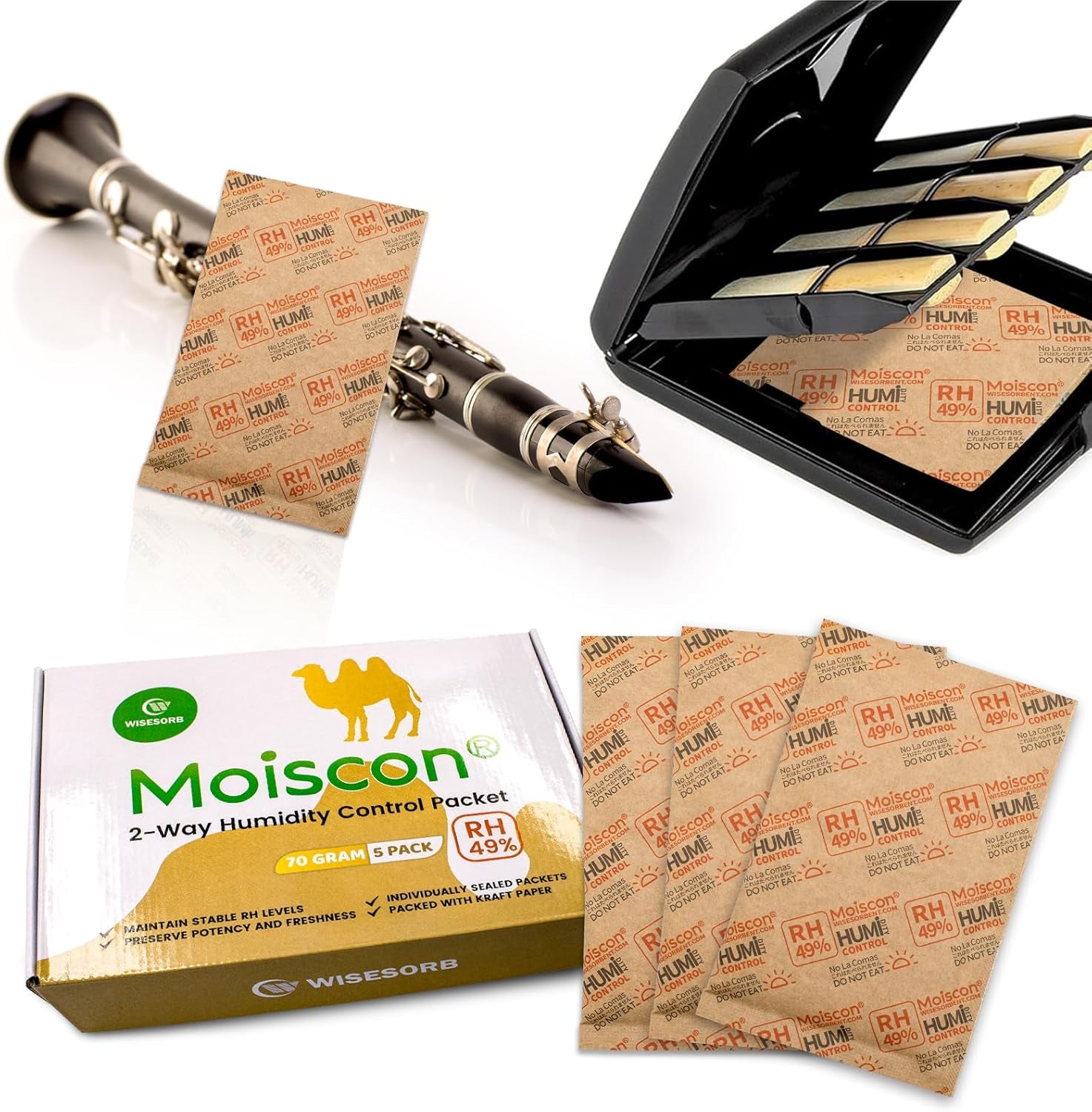 49% Two-Way Humidity Control Packs for Guitars & Wooden Instruments - 70G Moisture Absorbers Acoustic Guitar Humidifier for Case Maintenance - Individually Wrapped Hydration Packets[5 PACK]