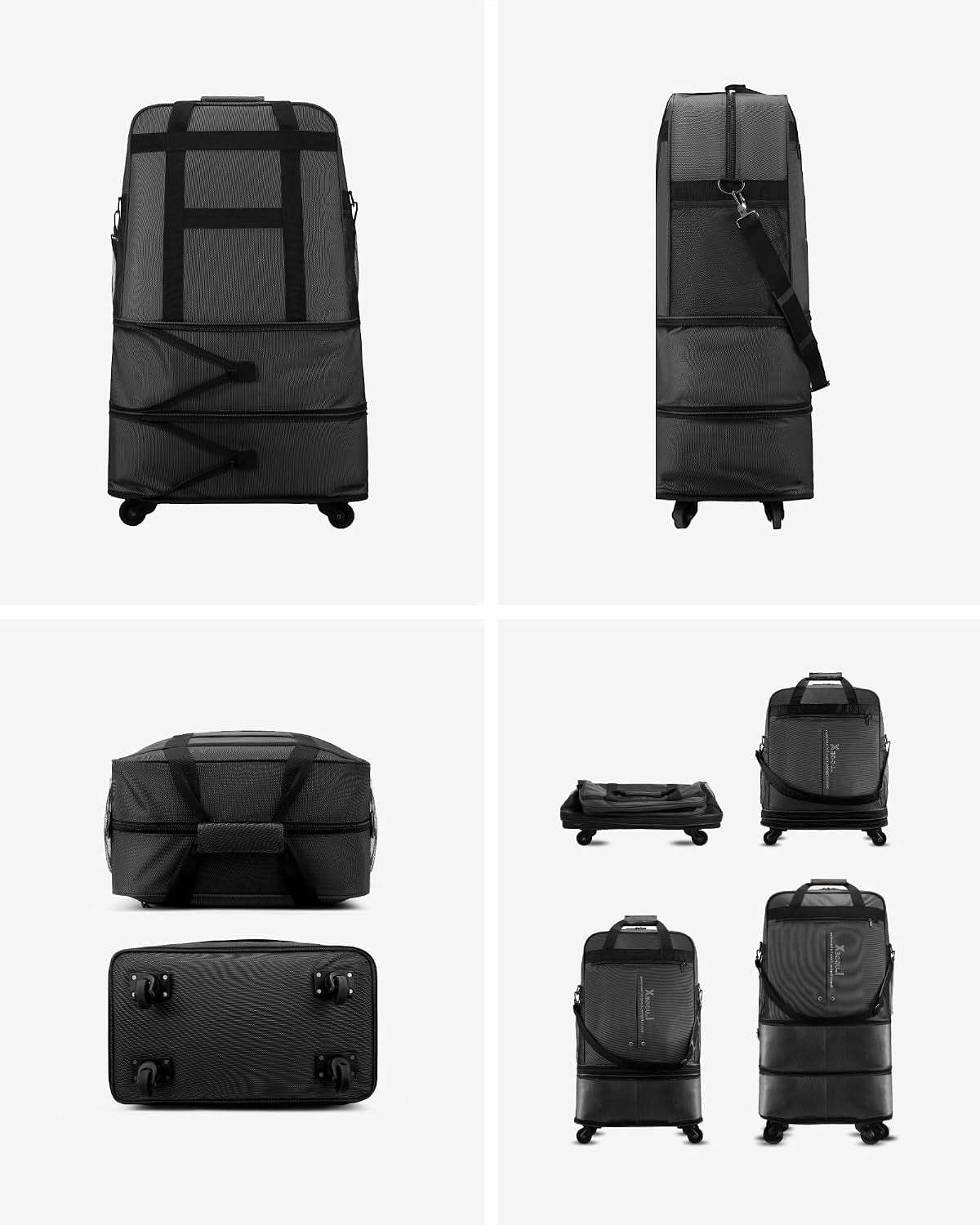 Travel Duffel Bags, Expandable Collapsible Luggage with Spinner Wheels, Lightweight, without Telescopic Handle, Large Capacity Suitcases with Wheel for Men Women (Black, 55L-113L)