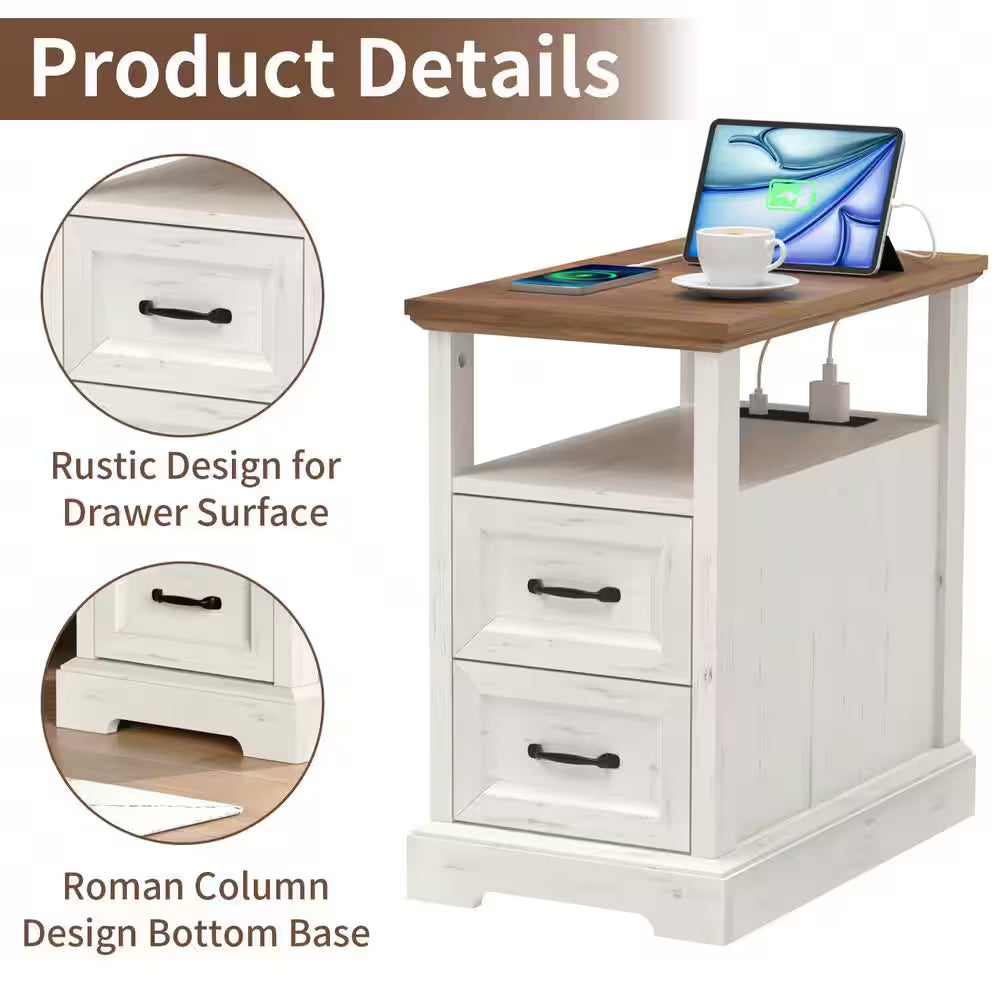 Farmhouse 13.78 In. Rustic White Rectangle Particle Board End Table with Outlets, 2 Drawers and Open Shelf