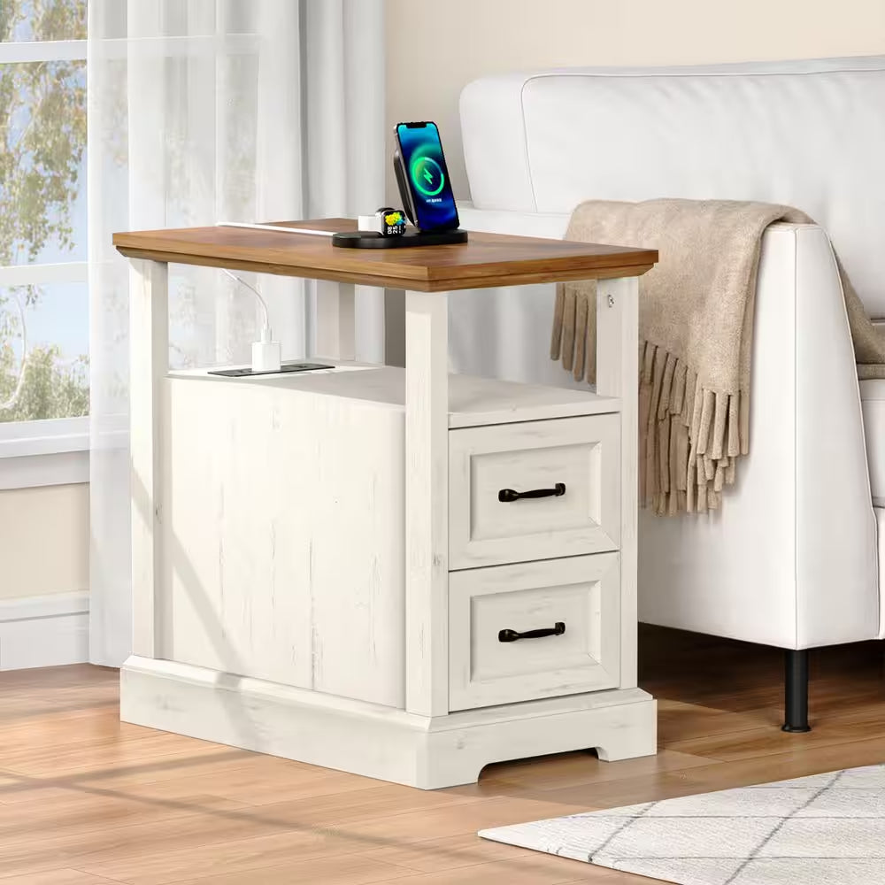 Farmhouse 13.78 In. Rustic White Rectangle Particle Board End Table with Outlets, 2 Drawers and Open Shelf