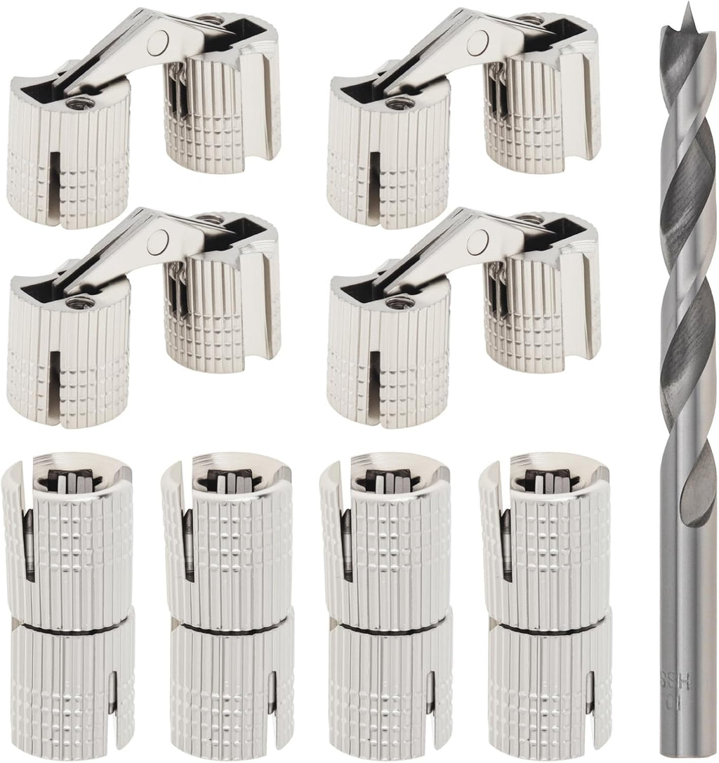 8Pcs 10 Mm Hidden Brass Barrel Hinges with 10 Mm Drill Bit, 180 Degree Opening Angle Concealed Furniture Small Hinges for Wooden Box Jewelry Ring Box DIY Hand Craft (8, Silver, 10Mm)