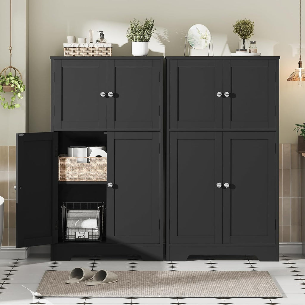 Storage Cabinet, Rattan Cabinets with 2 Adjustable Shelves & 4 Doors, Bathroom Cabinet, Cupboard, Floor Cabinets for Living Room, Entryway, Kitchen, Home Office, Black
