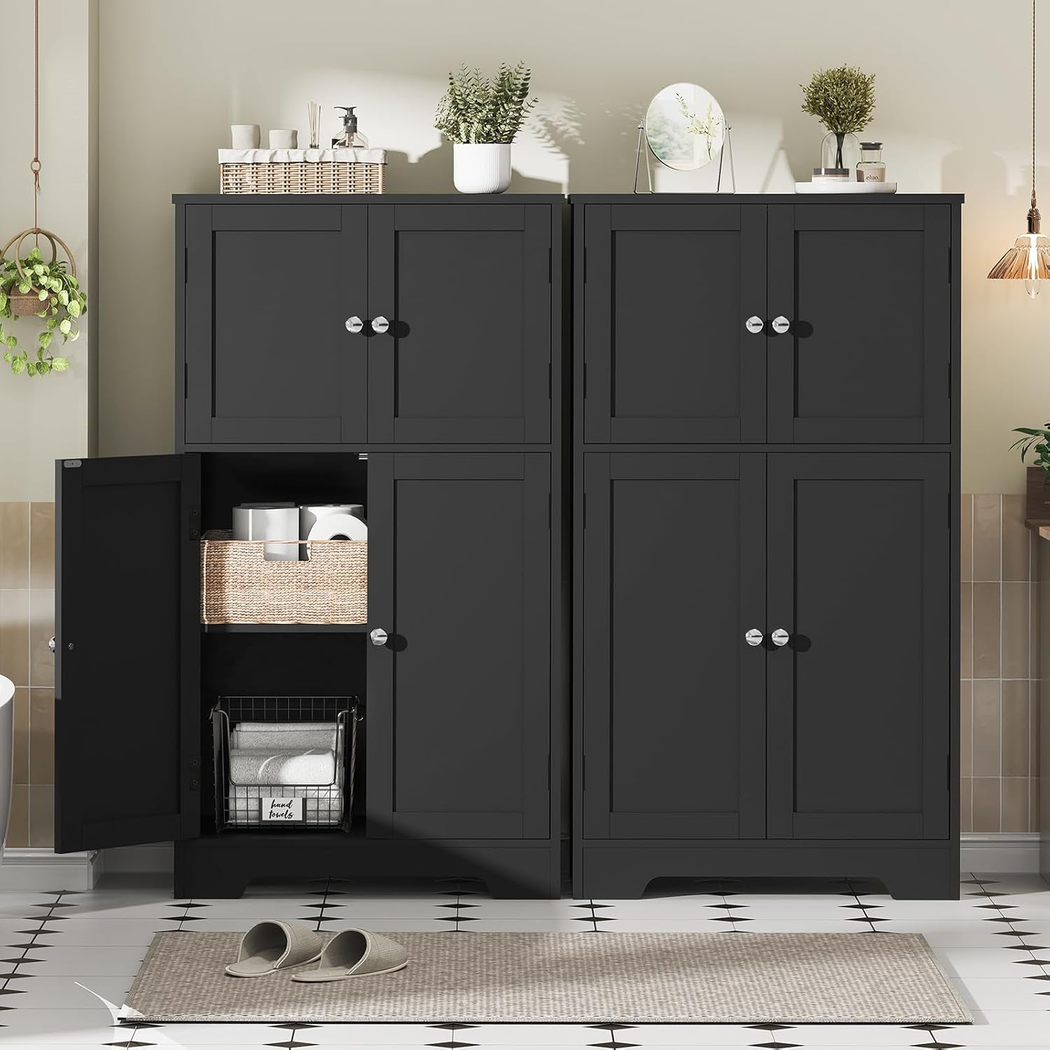 Storage Cabinet, Rattan Cabinets with 2 Adjustable Shelves & 4 Doors, Bathroom Cabinet, Cupboard, Floor Cabinets for Living Room, Entryway, Kitchen, Home Office, Black