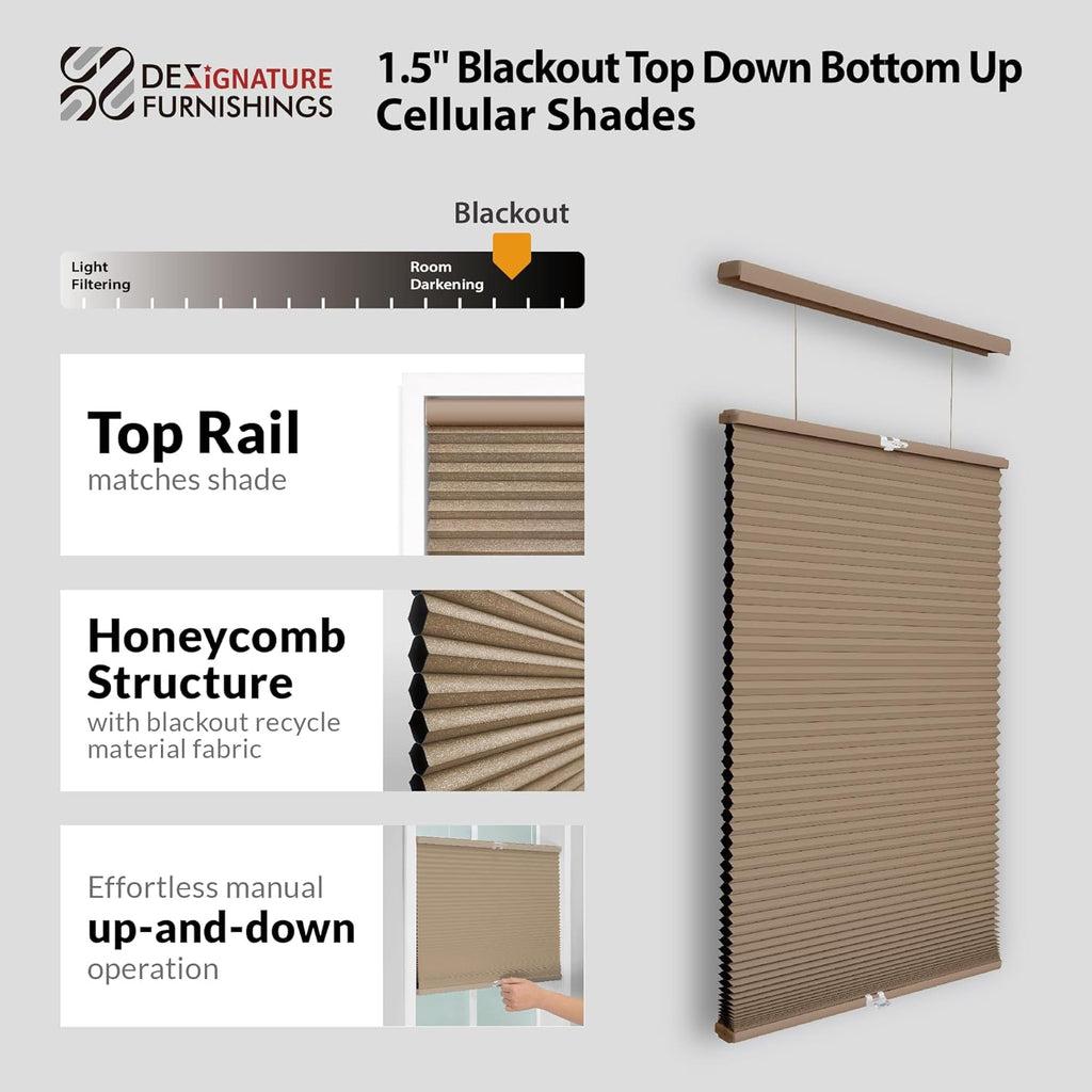 Cordless 1.5" Blackout Top down Bottom up Cellular Shade, Energy Saver, 69.5" W X 84" H, Latte