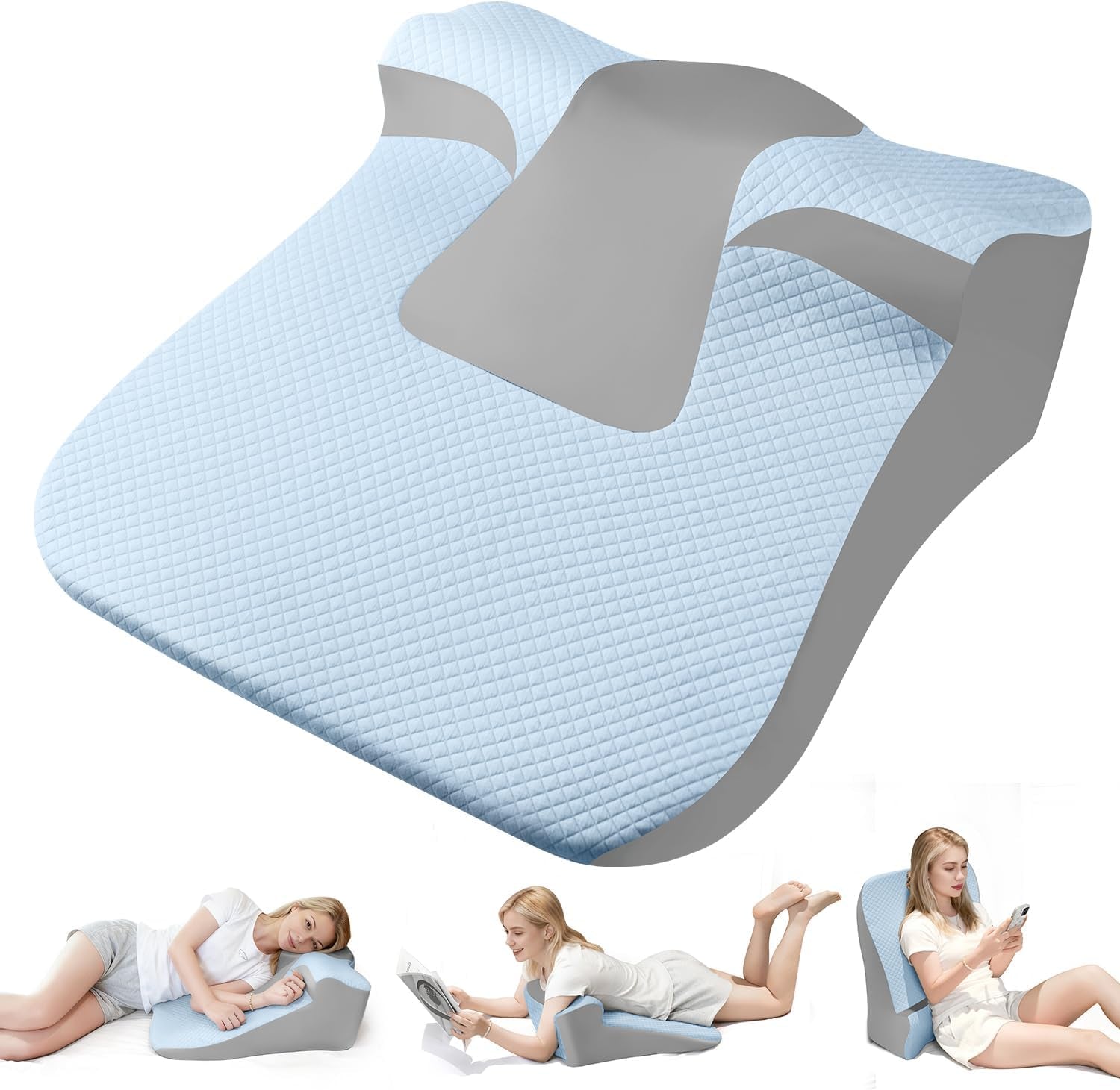 Bed Snorinator Pillow, Ergonomic Wedge Pillow for Sleep Apnea Memory Foam Reading Pillow for Back, Neck & Head Comfortable Support-Blue(Extra Large)