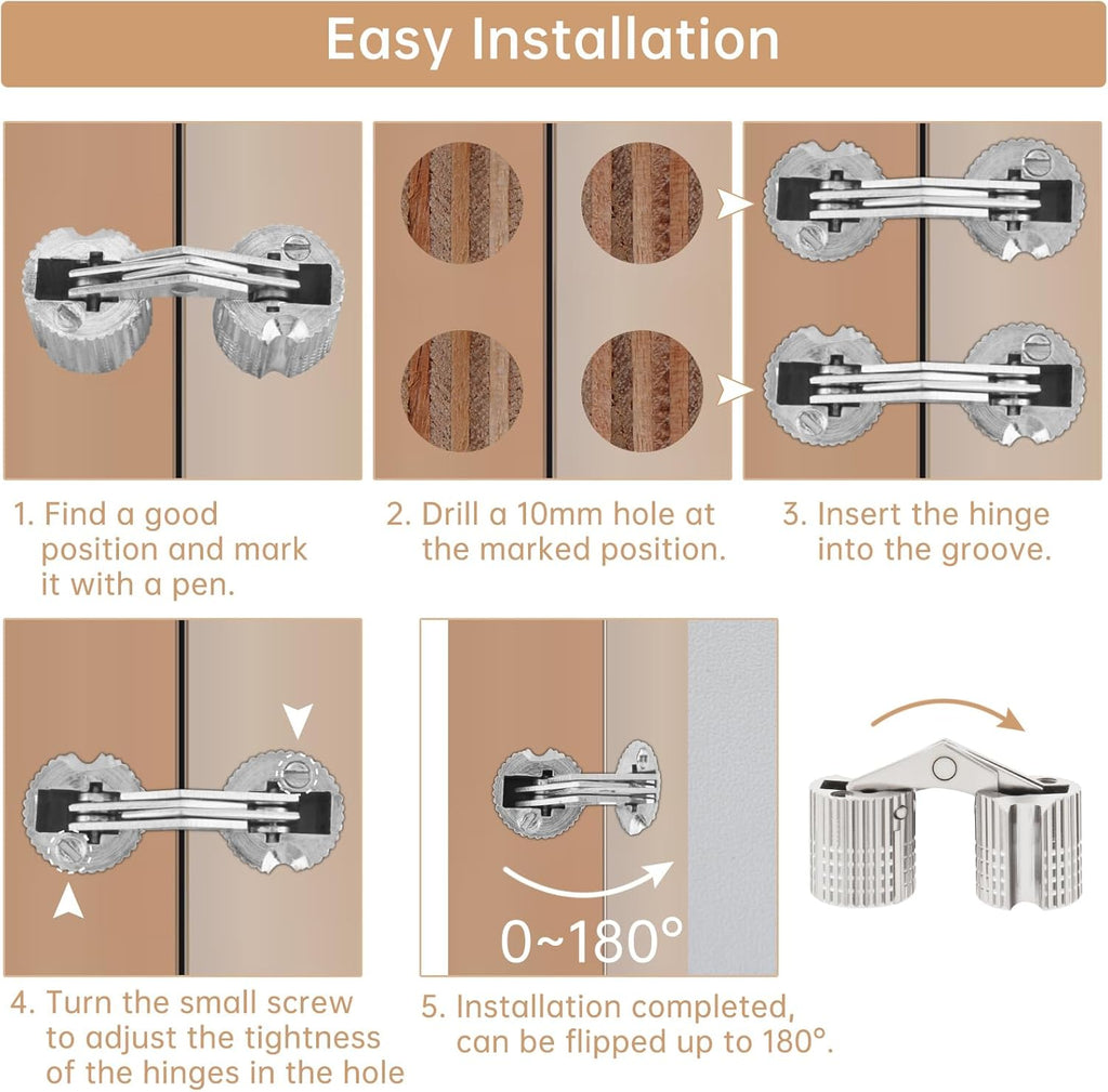 8Pcs 10 Mm Hidden Brass Barrel Hinges with 10 Mm Drill Bit, 180 Degree Opening Angle Concealed Furniture Small Hinges for Wooden Box Jewelry Ring Box DIY Hand Craft (8, Silver, 10Mm)