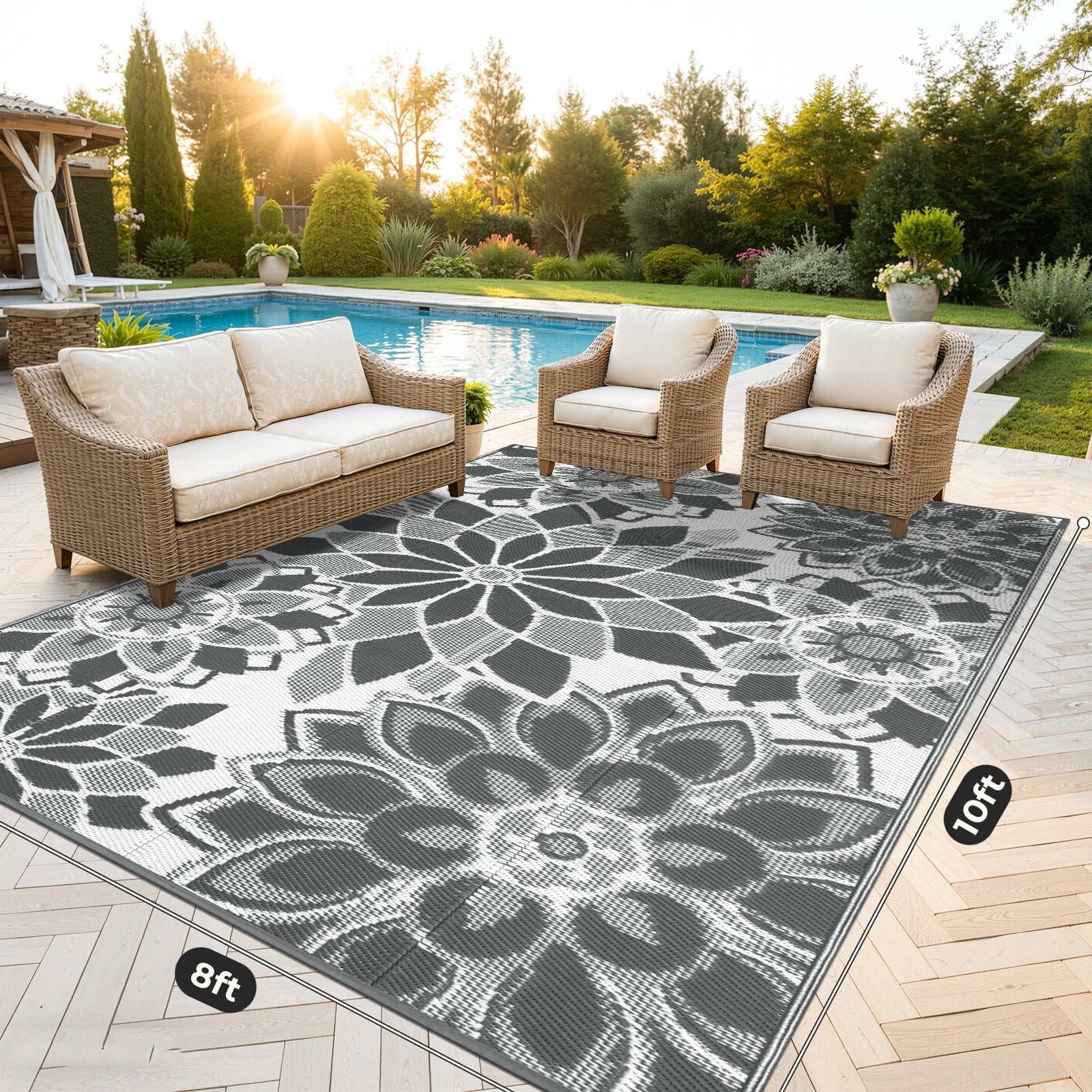 Outdoor Rug 8'X10' Reversible Waterproof Outdoor Patio Rug Mat Plastic Straw Rug Outdoor Area Rug Patio Camping Rug for RV Picnic Balcony Backyard Beach Outdoor Decor,Gray