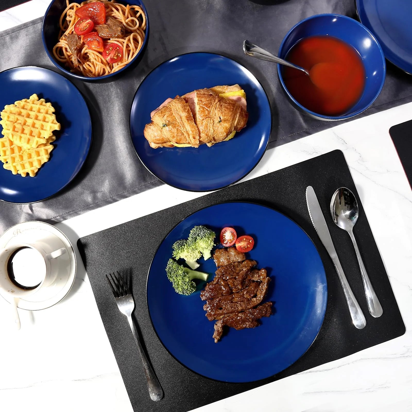 18-Piece Dinnerware Set, Melamine Dinner Dishes Set with Bowls and Plates，Service for 6, Dishwasher Safe, Blue and Black