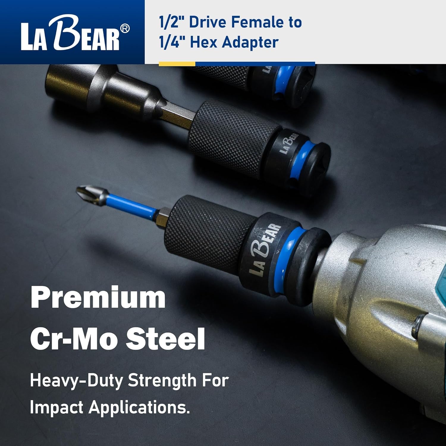 1/2 Inch Drive to 1/4 Inch Hex Impact Adapter | Cr-Mo Steel Body with Quick-Release Collar and 3Mm Adjustable Screw for Steadier Bit Changes