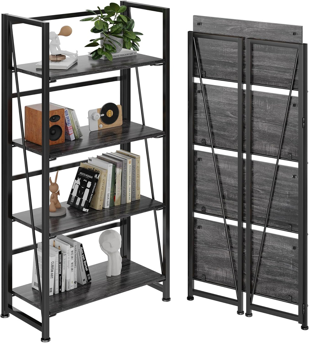 Vintage Multifunctional Folding Bookshelf, No-Assembly Plant Stand Storage Rack Shelves for Home Office (Gray, 4-Tier)
