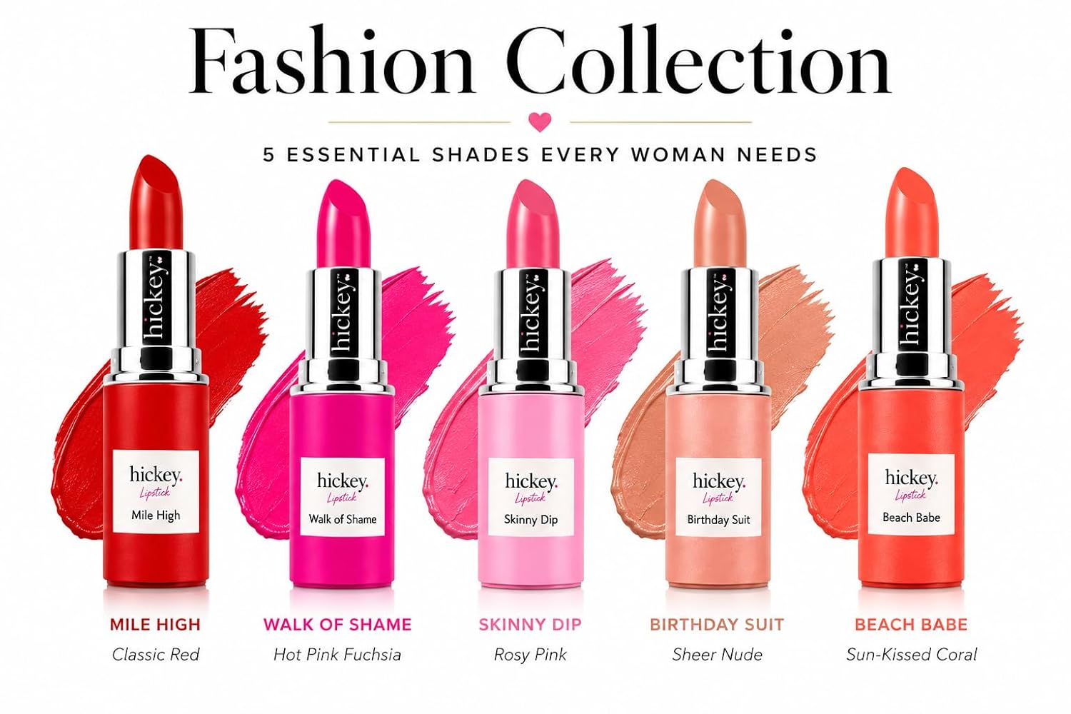 Lipstick Fashion Week Collection, 5 Piece Refill Set (Mile High, Birthday Suit, Walk of Shame, Beach Babe, Skinny Dip), Long Lasting Hydrating Lipstick for Women, Vegan & Gluten-Free