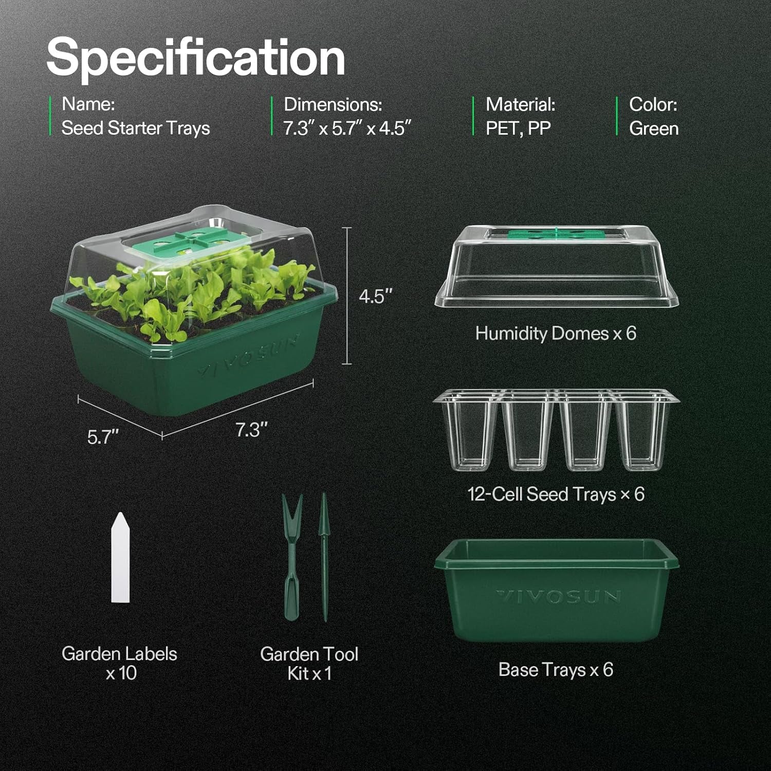 6-Pack Seed Starter Trays, 72-Cell Seed Starter Kit with Humidity Dome, Flat Reusable Plant Germination Trays with Drain Hole, Green Propagation Tray for Planting Seeds