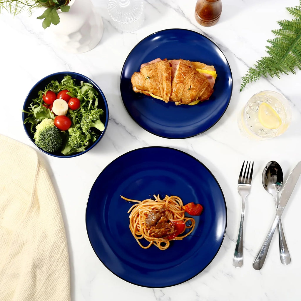 18-Piece Dinnerware Set, Melamine Dinner Dishes Set with Bowls and Plates，Service for 6, Dishwasher Safe, Blue and Black