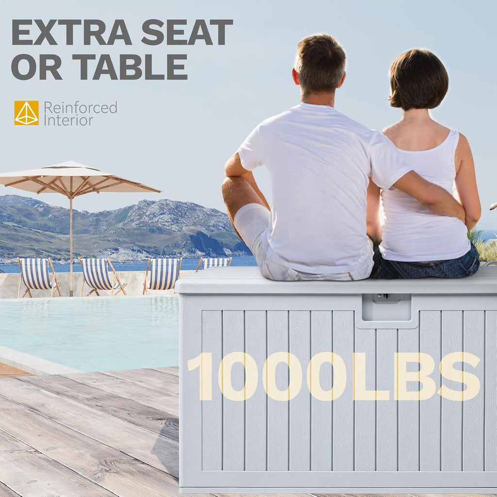 180 Gallon Resin Outdoor Storage Box, XXL Double-Wall Waterproof Deck Box, Doubles as Table or Seating with 1000 Lbs Capacity, Lockable (Grayish-White)