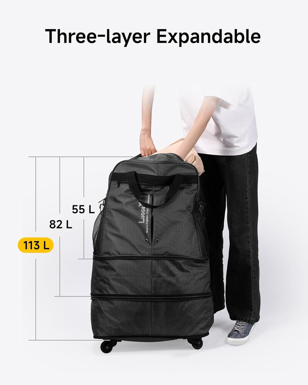 Travel Duffel Bags, Expandable Collapsible Luggage with Spinner Wheels, Lightweight, without Telescopic Handle, Large Capacity Suitcases with Wheel for Men Women (Black, 55L-113L)