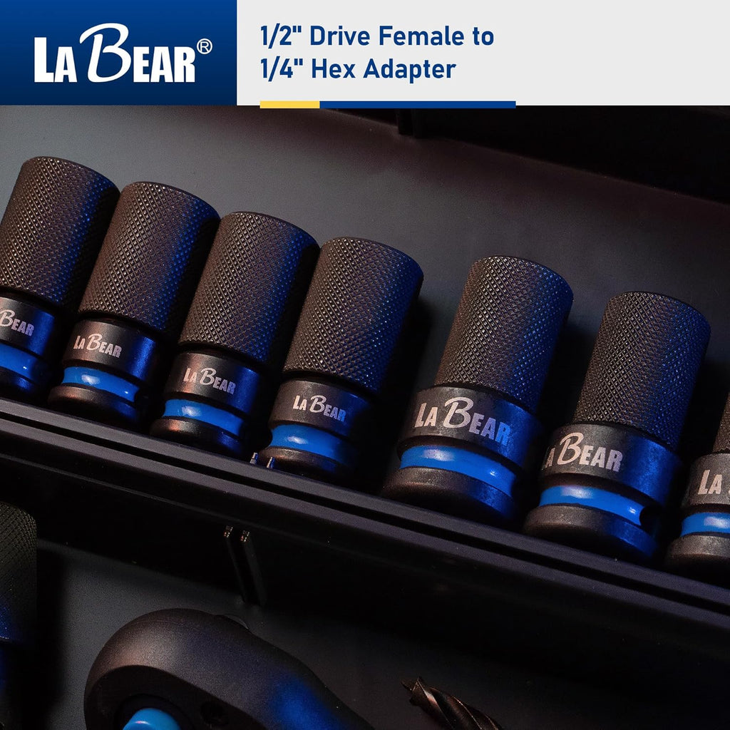 1/2 Inch Drive to 1/4 Inch Hex Impact Adapter | Cr-Mo Steel Body with Quick-Release Collar and 3Mm Adjustable Screw for Steadier Bit Changes