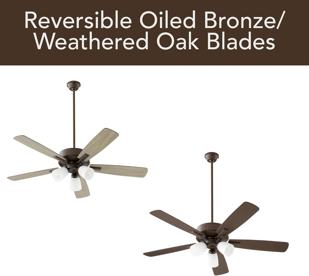 Quorum Ovation Ceiling Fan Collection | Pull Chain Control Standard | Optional Remote/Smart Control Compatible | Dry Rated Indoor (Oiled Bronze – Opal Glass, 3 Light)