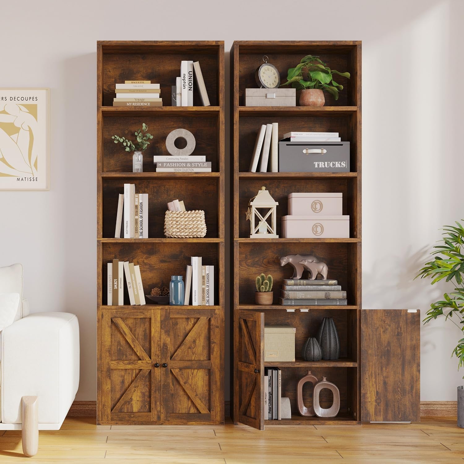 71.5" Bookshelf Set of 2, 6-Tier Bookcase with Cabinet Doors, Tall Display Shelves with Storage for Home Office, Living Room