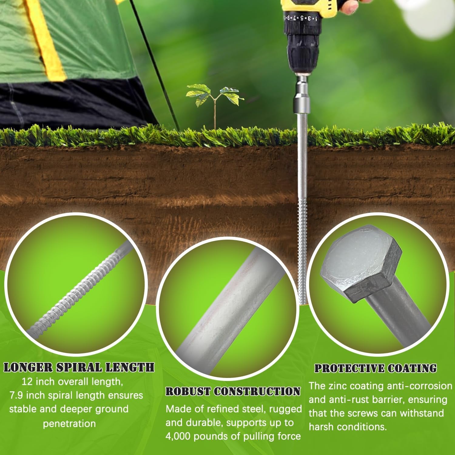 6Pcs 3/8 X 12 Inch Heavy Duty Camping Ground Anchors, Non-Rust Tent Stakes Screw in Kit for Securing Animals, Trampoline, Carports, Canopies, Sheds, Swing Sets, Ground Anchors for High Winds