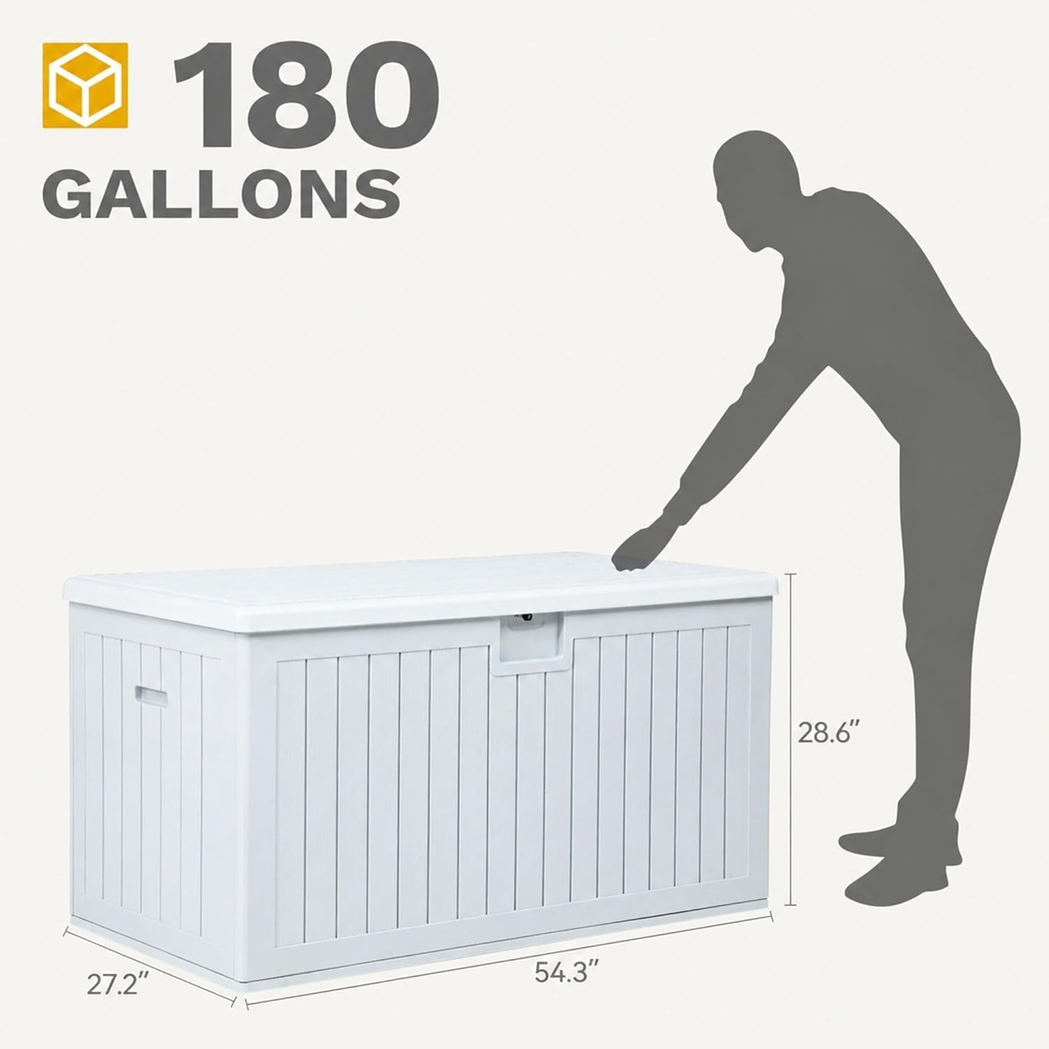 180 Gallon Resin Outdoor Storage Box, XXL Double-Wall Waterproof Deck Box, Doubles as Table or Seating with 1000 Lbs Capacity, Lockable (Grayish-White)