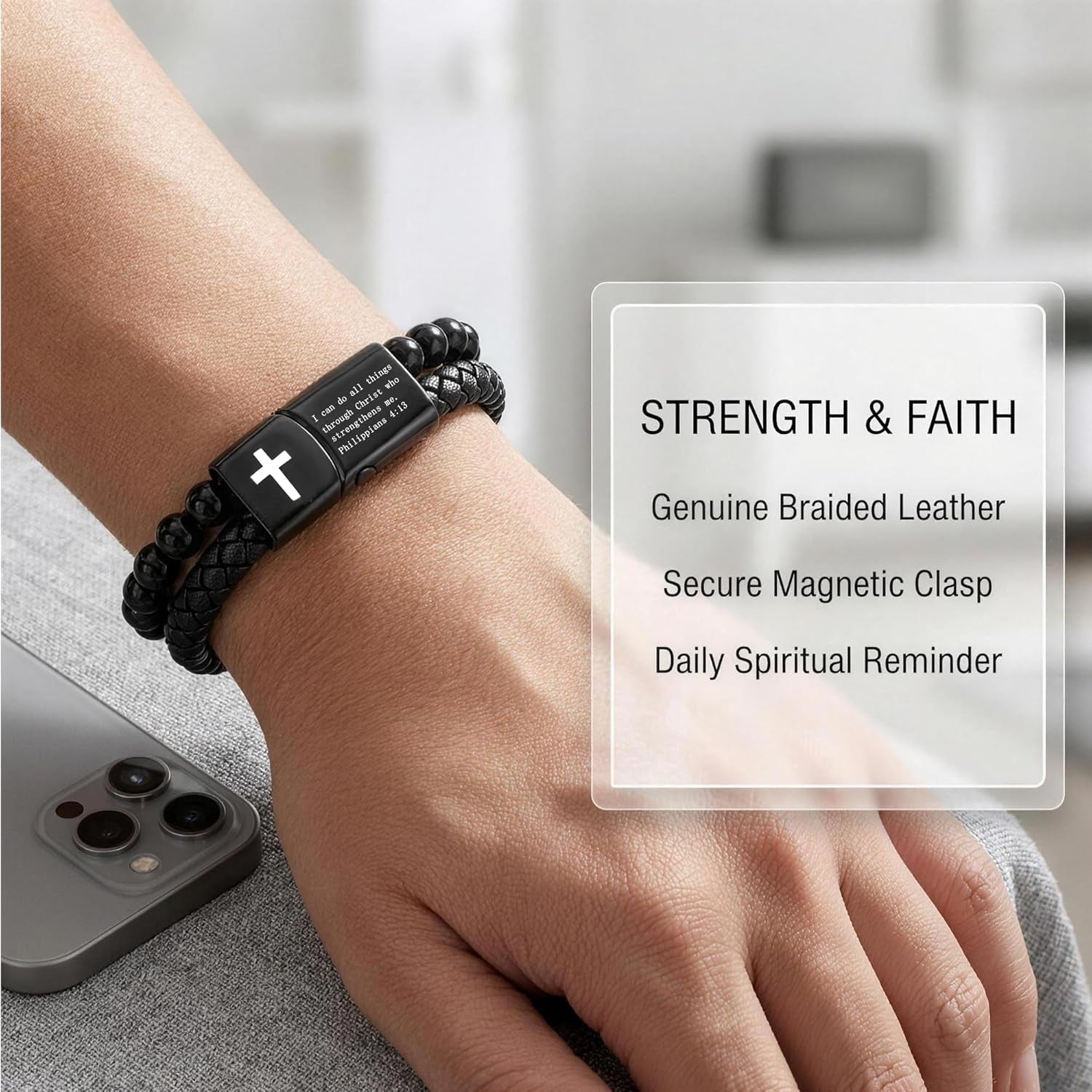 Mens Bracelet Fathers Gifts Day Black Braided Leather Stainless Steel Cross Jewelry Charming Bracelet Embedded with Black Agate Beads,Perfect for Wedding, Parties, and Everyday,Bible Verse Christian Religious Gift(7.5/8.5/9 Inch)