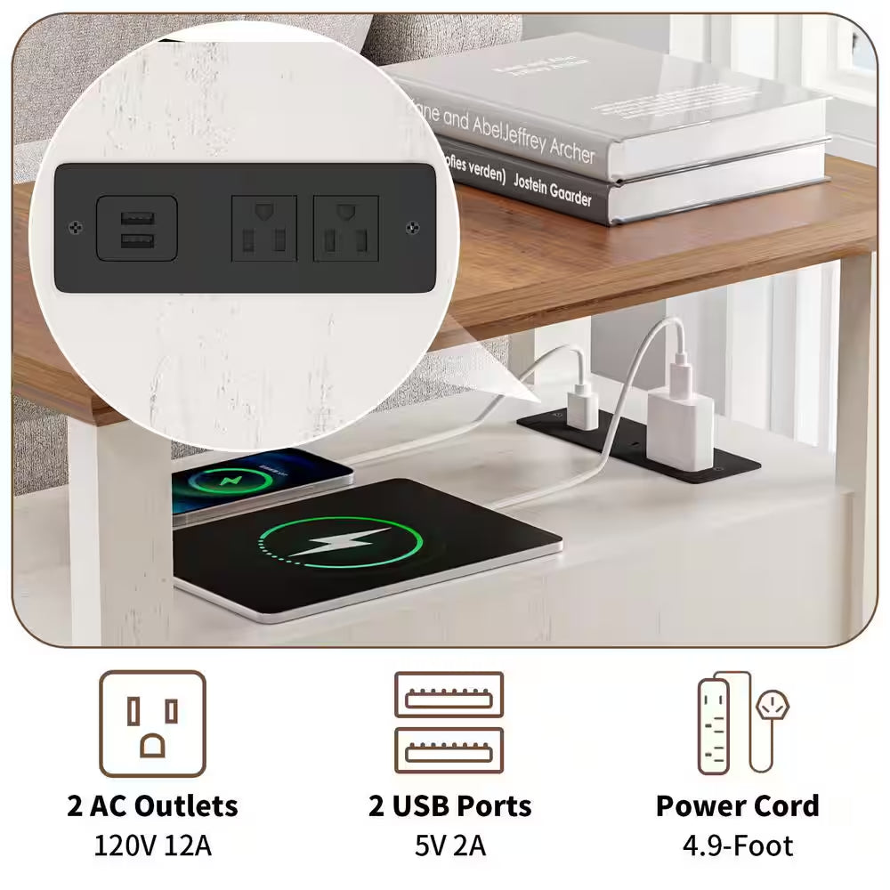 Farmhouse 13.78 In. Rustic White Rectangle Particle Board End Table with Outlets, 2 Drawers and Open Shelf