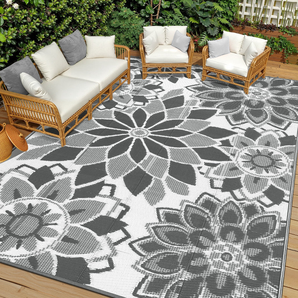 Outdoor Rug 8'X10' Reversible Waterproof Outdoor Patio Rug Mat Plastic Straw Rug Outdoor Area Rug Patio Camping Rug for RV Picnic Balcony Backyard Beach Outdoor Decor,Gray