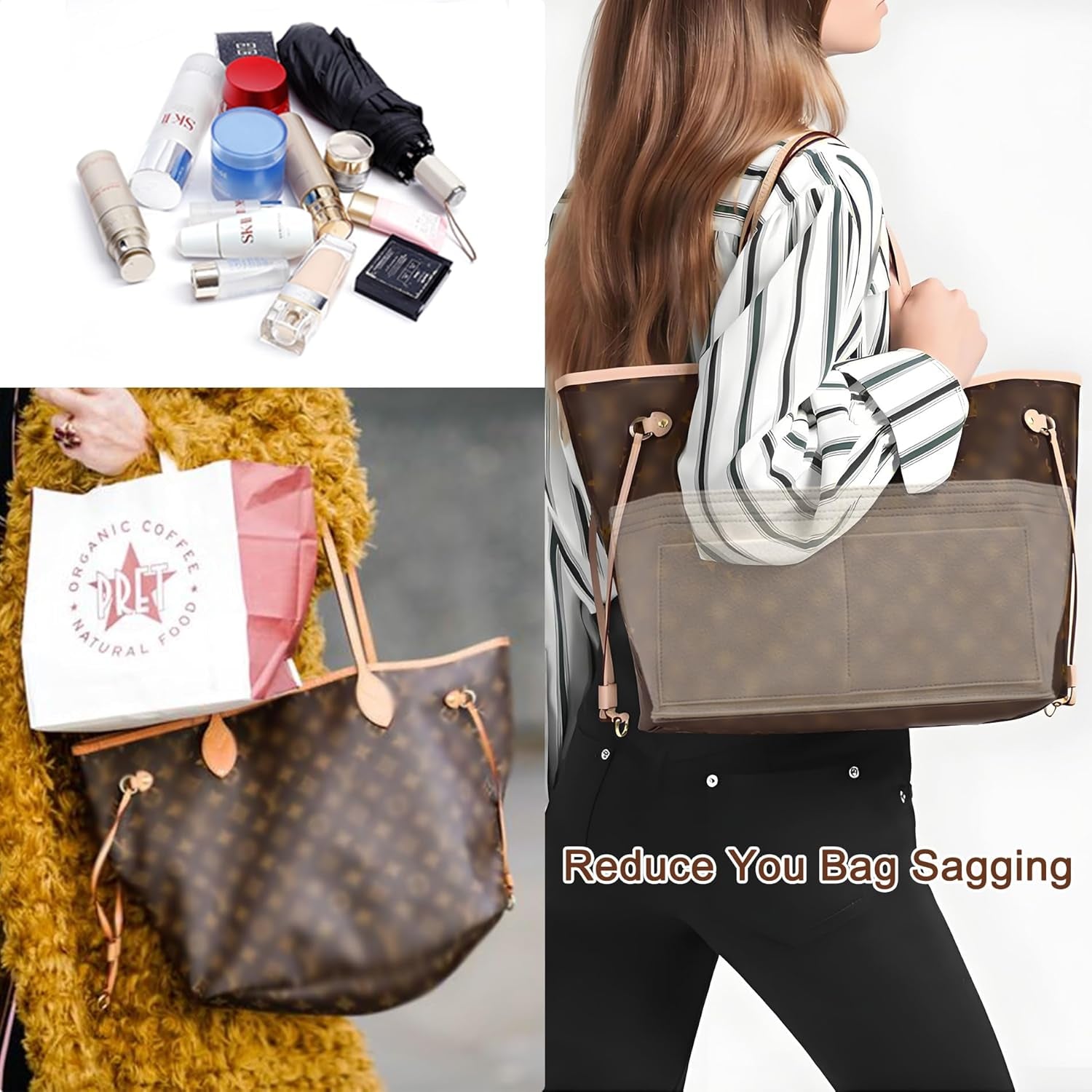 Purse Organizer Insert for Handbags & Base Shaper 2Pc Set, Felt Neverfull MM Organizer Insert, Tote Bag Organizer with Zipper Pocket and Bottle Holder, Fit Speedy 30 Neverfull MM and More,Beige-L