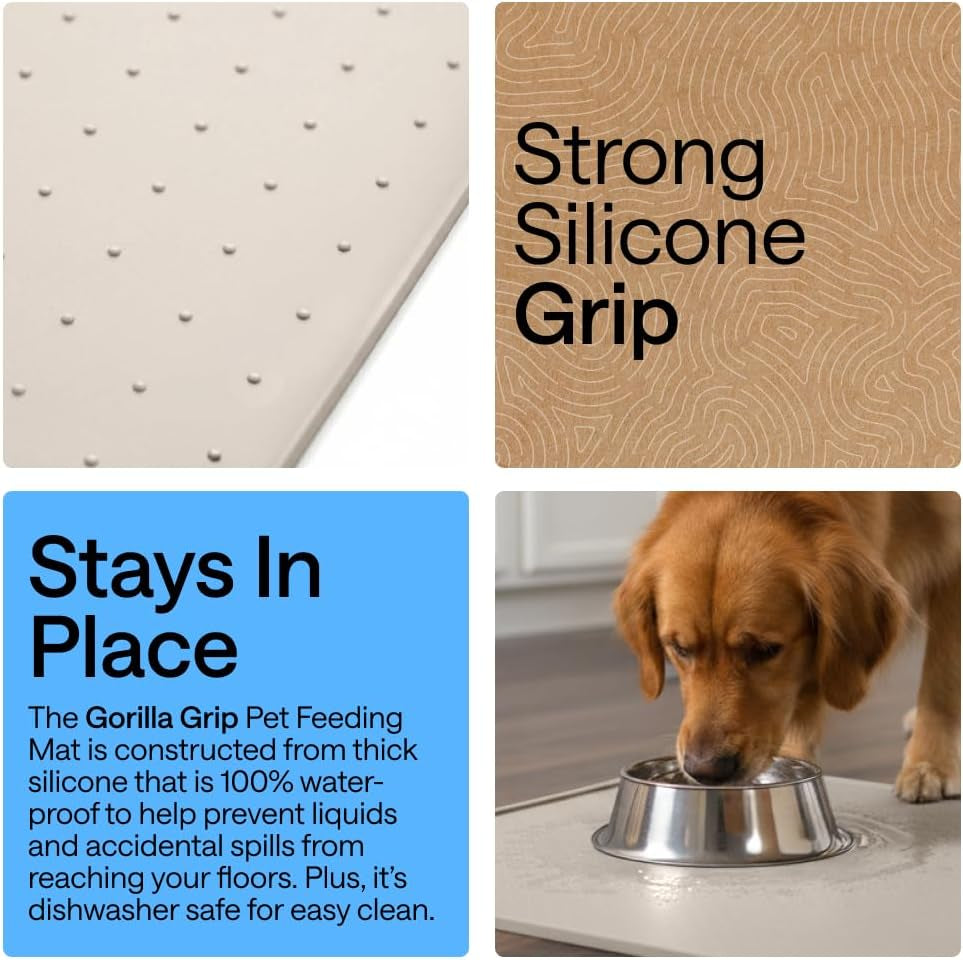 GORILLA GRIP 100% Waterproof Raised Edge BPA Free Silicone Pet Feeding Mat, Dog Cat Food Mats Contain Spills Protects Floors, Placemats for Cats and Dogs Water Bowl, Pets Accessories 18.5X11.5 Beige