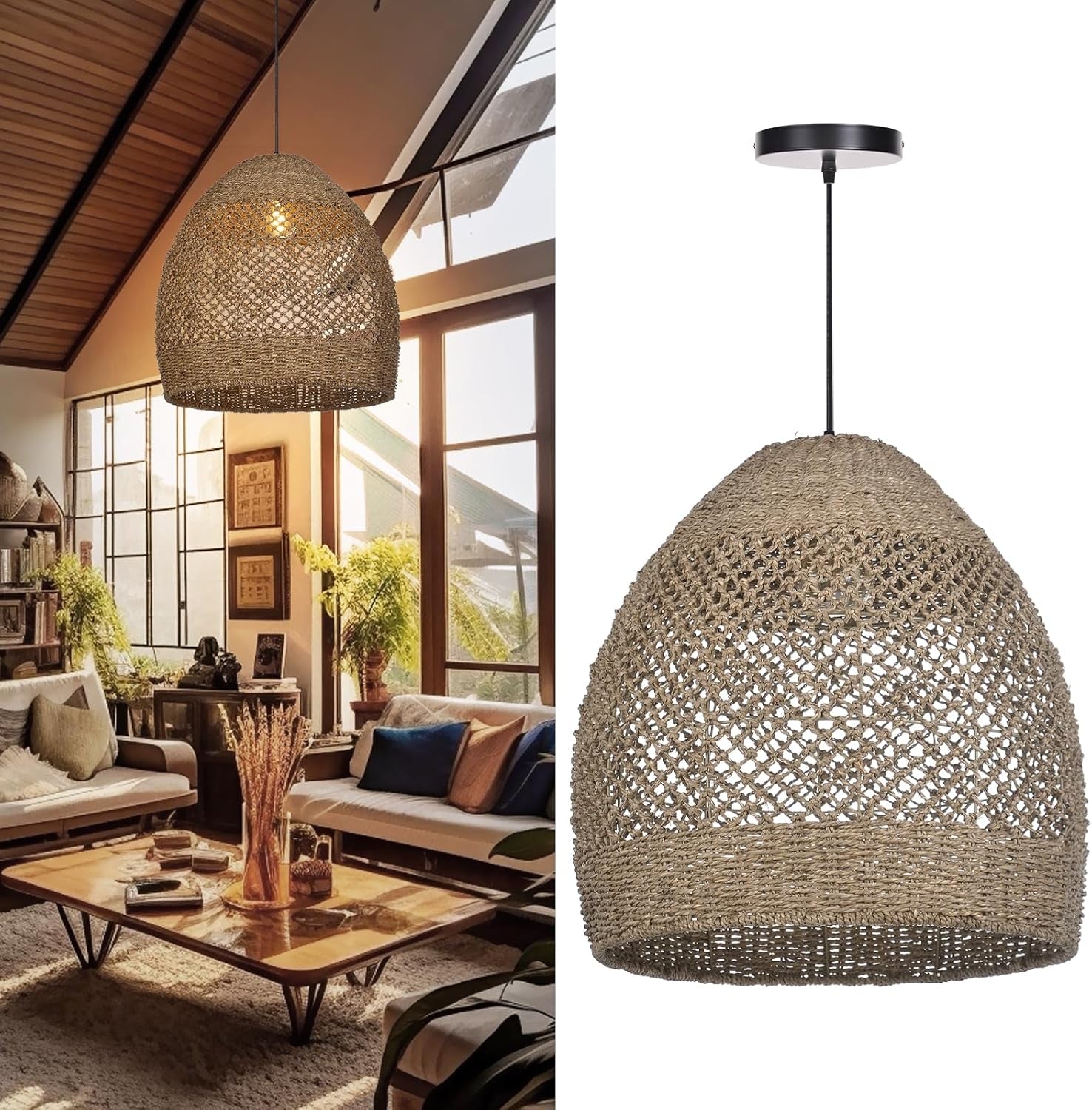 19.6" Retro Rattan Woven Pendant Light Fixture, Chandelier with Lamp Shade Light Cover, Hanging Lighting for Kitchen Dining Room Foyer