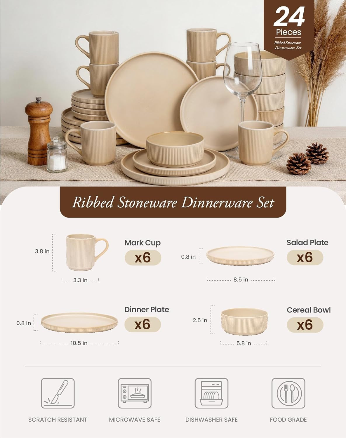 24-Piece Dinnerware Set for 6 with Mugs, Ribbed Stoneware Plates and Bowls Sets, Unique Handcrafted Reactive Glaze, Chip and Scratch Resistant Dish Set, Microwave & Dishwasher Safe, Yellow
