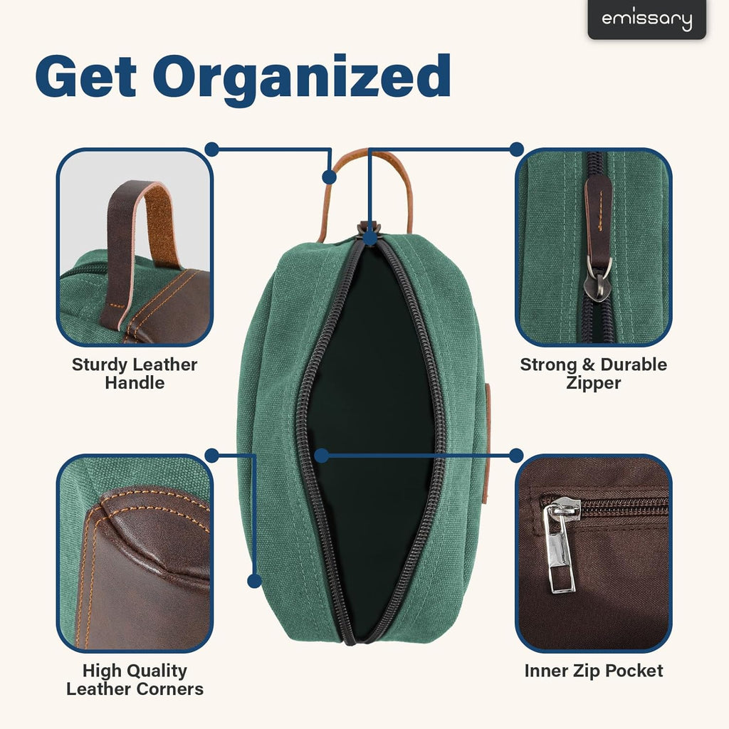 Men'S Toiletry Bag, Leather and Canvas Travel Toiletry Bag, Dopp Kit for Men, Travel Bathroom Bag Men'S Shaving Kit, Travel Kit Small Bags for Men, Shaving Bag for Travel Accessories (Green)
