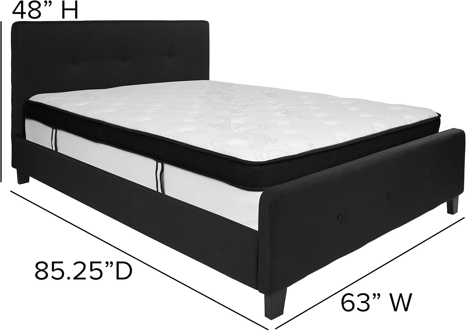 Tribeca Queen Size Tufted Upholstered Platform Bed in Black Fabric with Memory Foam Mattress