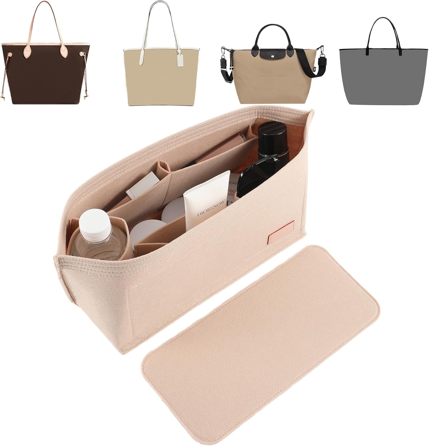 Purse Organizer Insert for Handbags & Base Shaper 2Pc Set, Felt Neverfull MM Organizer Insert, Tote Bag Organizer with Zipper Pocket and Bottle Holder, Fit Speedy 30 Neverfull MM and More,Beige-L