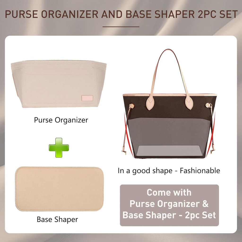 Purse Organizer Insert for Handbags & Base Shaper 2Pc Set, Felt Neverfull MM Organizer Insert, Tote Bag Organizer with Zipper Pocket and Bottle Holder, Fit Speedy 30 Neverfull MM and More,Beige-L
