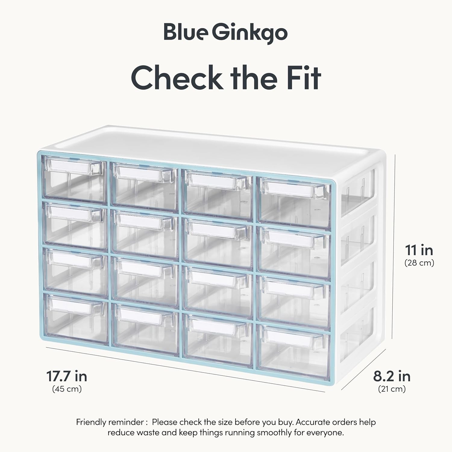 Medium 16-Drawer Cabinet – Stackable Clear Organizer for Hardware, Beads, Plastic Bricks, Office, and Craft Storage (Made in Korea, Blue)