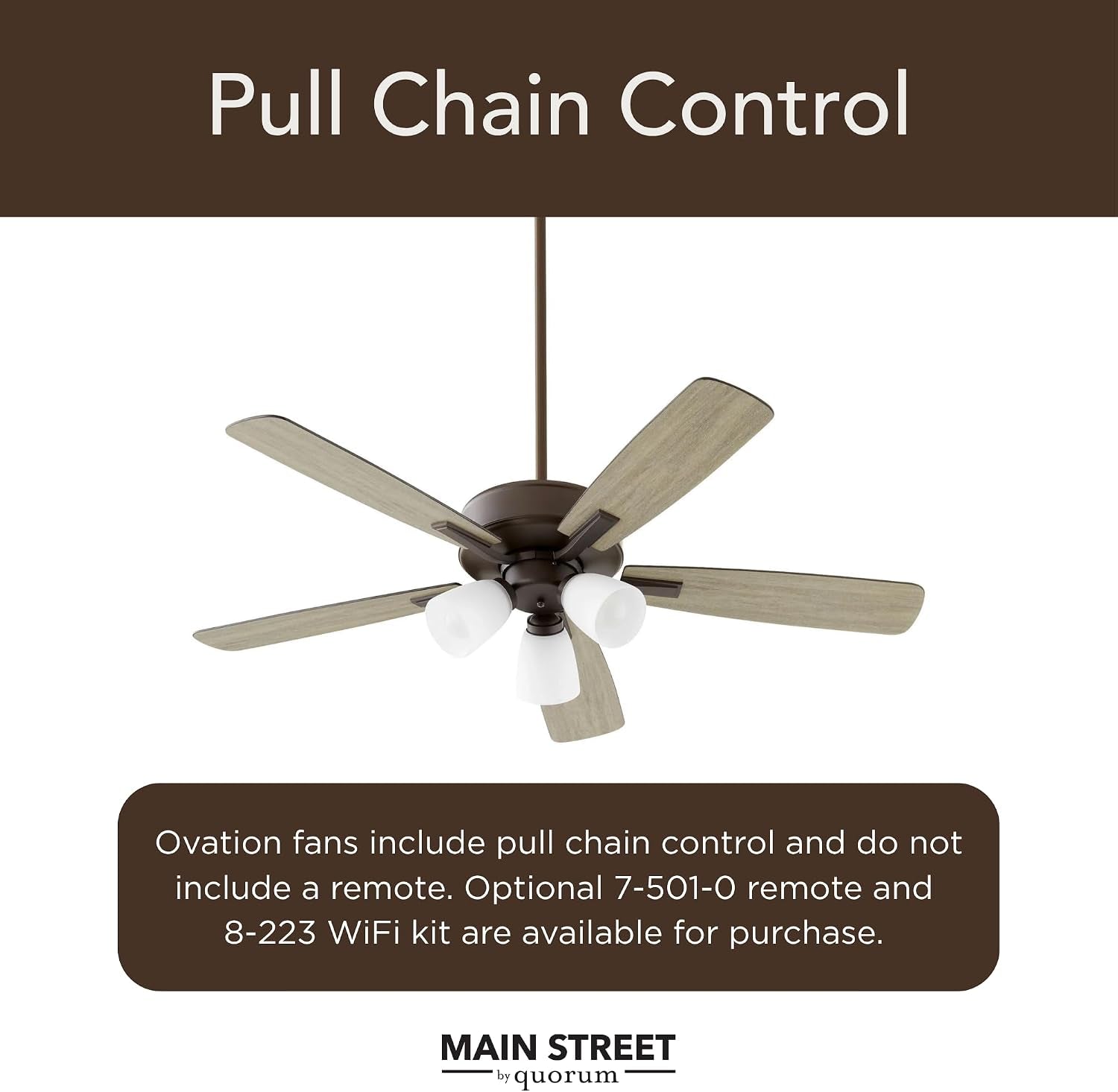 Quorum Ovation Ceiling Fan Collection | Pull Chain Control Standard | Optional Remote/Smart Control Compatible | Dry Rated Indoor (Oiled Bronze – Opal Glass, 3 Light)