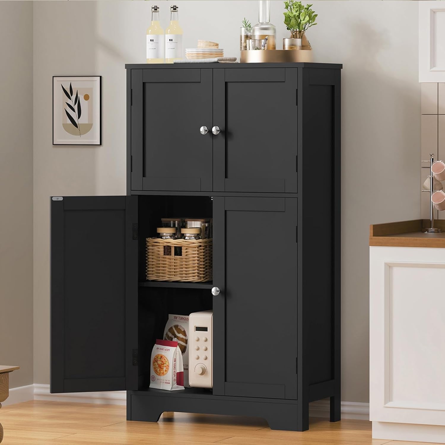 Storage Cabinet, Rattan Cabinets with 2 Adjustable Shelves & 4 Doors, Bathroom Cabinet, Cupboard, Floor Cabinets for Living Room, Entryway, Kitchen, Home Office, Black