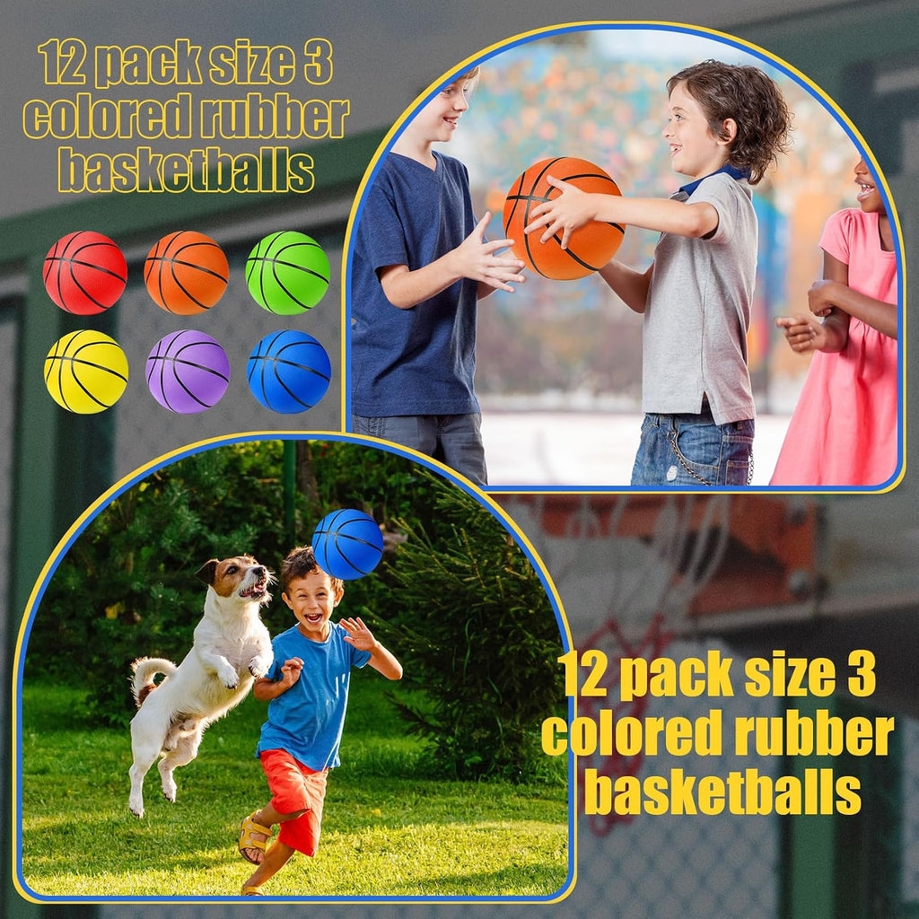 12 Pack Official Size Rubber Basketballs for Kids Child Junior Youth Indoor Outdoor Sports Basket Balls with Pump Back to School Student Gifts Operation Christmas Bulk Items