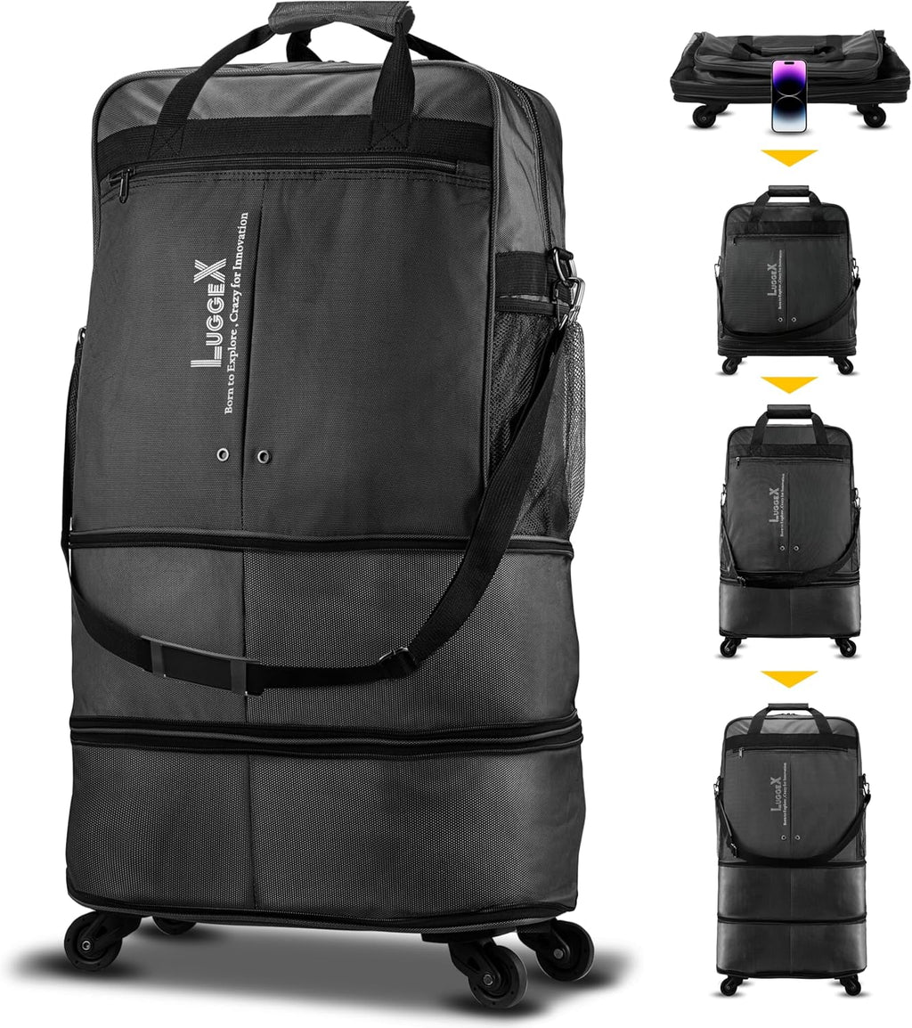 Travel Duffel Bags, Expandable Collapsible Luggage with Spinner Wheels, Lightweight, without Telescopic Handle, Large Capacity Suitcases with Wheel for Men Women (Black, 55L-113L)