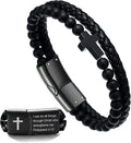 Mens Bracelet Fathers Gifts Day Black Braided Leather Stainless Steel Cross Jewelry Charming Bracelet Embedded with Black Agate Beads,Perfect for Wedding, Parties, and Everyday,Bible Verse Christian Religious Gift(7.5/8.5/9 Inch)